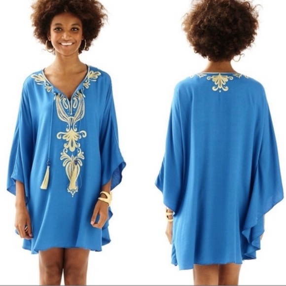 NWT Lilly Pulitzer Emera Caftan Dress Blue w/ Gold Embroidery - Size S/M